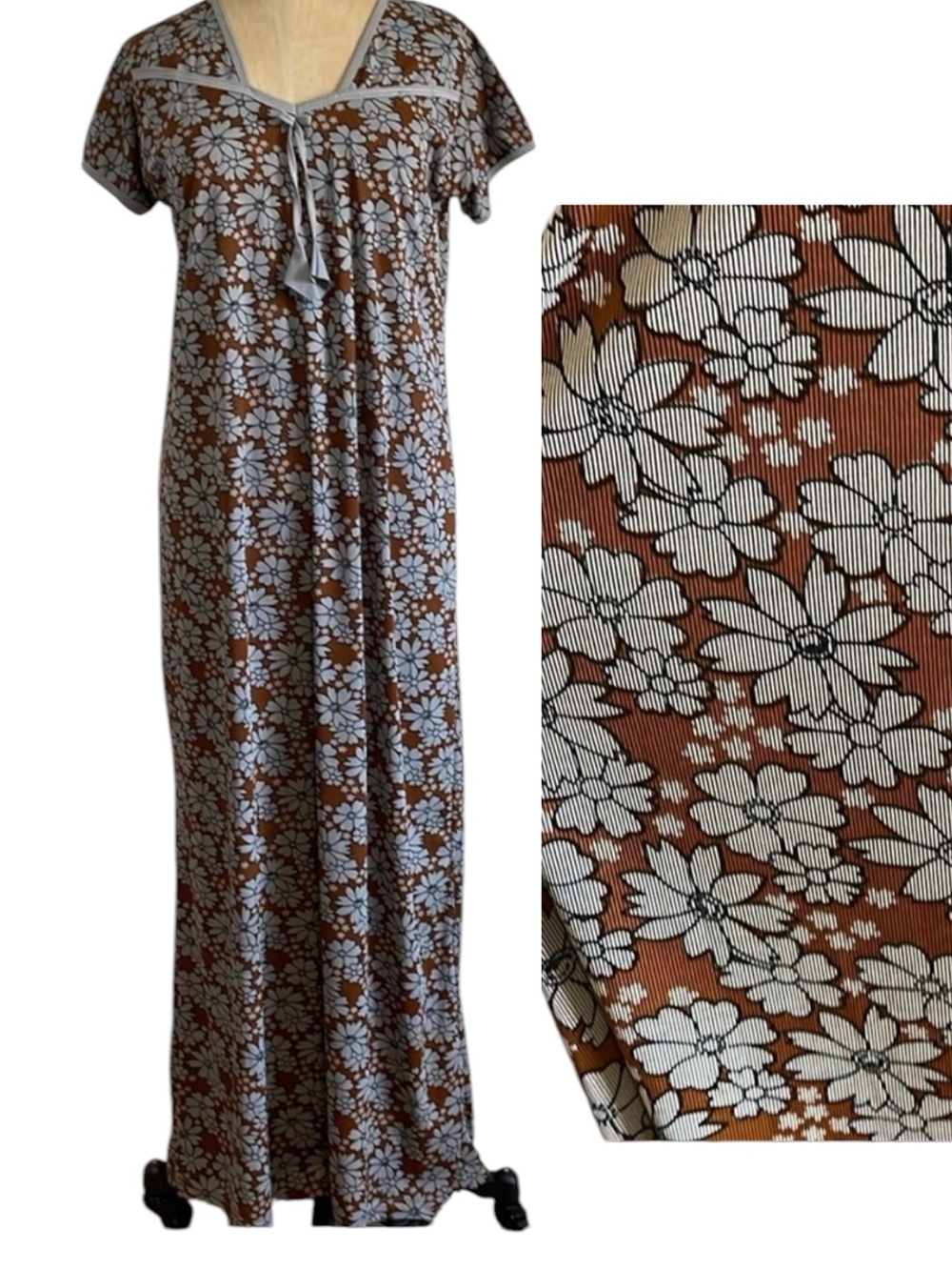 Nighty Retro Floral Maxi Nightgown Boho Med Brown Stretch Dress Hippie VTG